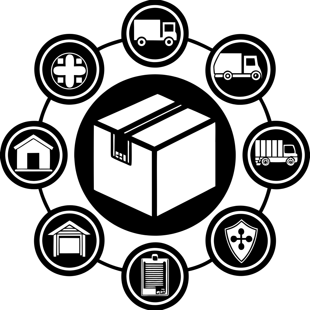 a-clean-icon-showing-a-central-package-surrounded- - Top Notch Customs Icon of interconnected gears representing logistics management.